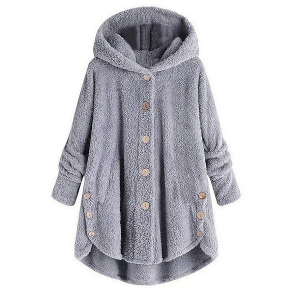 Summer Savings Clearance! Bxsruta Plus Size Winter Coats for Women Winter Warm Button Plush Tops Hooded Loose Cardigan Wool Coat Womens Winter Coats Jacket Outerwear Gray XXL