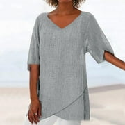 Summer Savings Clearance! Bxsruta Women Casual Lotu Sleeve V-Neck Irregular Blouse Tops T-Shirt Gray S