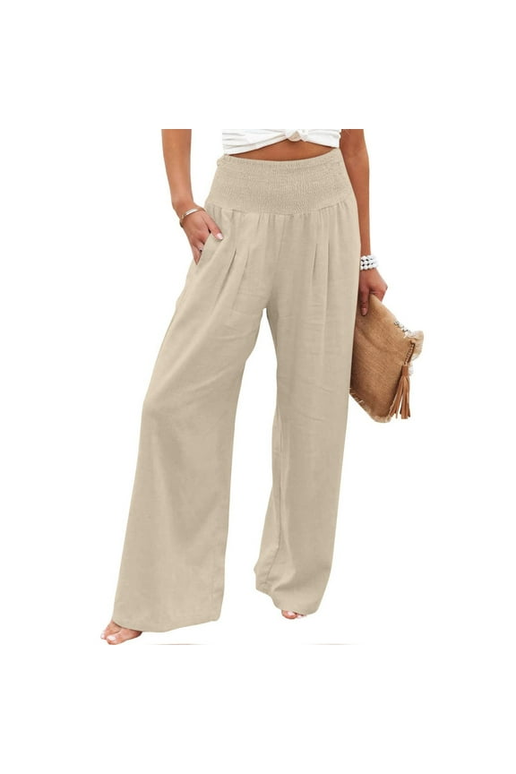 Bxsruta Women Linen Palazzo Pants Summer Boho Wide Leg High Waist Casual Loungewear Pant Trousers with Pocket Loose Plain Casual Straight Pants Khaki S