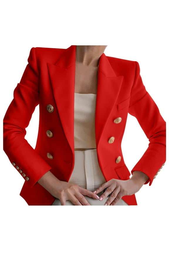 Womens Casual Blazer Jacket Gold Button Long Sleeve Work Office Blazer Lapel Open Front Jacket Business Attire Double Breasted Slim Cardigan Coat Top Red L