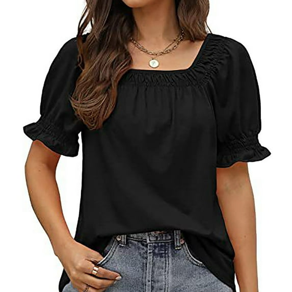 Summer Savings Clearance! Bxsruta Womens Casual Solid Color Square Neck Short Sleeve Tops Blouses Black XL