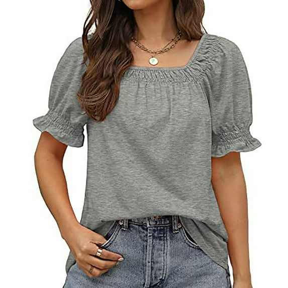 Bxsruta Womens Casual Solid Color Square Neck Short Sleeve Tops Blouses Gray M