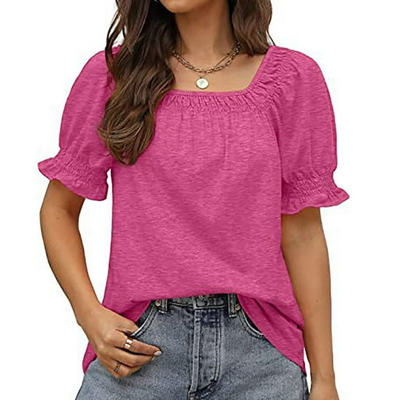 Bxsruta Womens Casual Solid Color Square Neck Short Sleeve Tops Blouses Hot Pink L