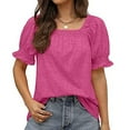 thumbnail image 1 of Bxsruta Womens Casual Solid Color Square Neck Short Sleeve Tops Blouses Hot Pink M, 1 of 8