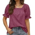 thumbnail image 1 of Bxsruta Womens Casual Solid Color Square Neck Short Sleeve Tops Blouses Purple S, 1 of 7