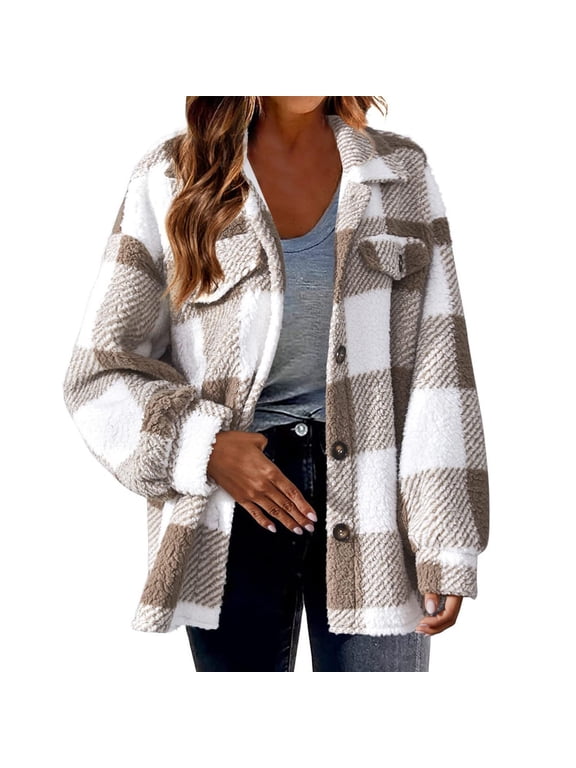 Bxsruta Womens Casual Wool Blend Plaid Flannel Shackets Jacket Button Down Shirt Coat Fall Fashion Flaanel Long Sleeve Jacket and Coat Khaki S