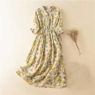 Summer Savings Clearance! Bxsruta Womens Dresses Version Oversized Summer Fine Ramie Thin Patterned Pattern Contrasting V-neck Shirt Skirt Oversized Women's Dress Yellow M