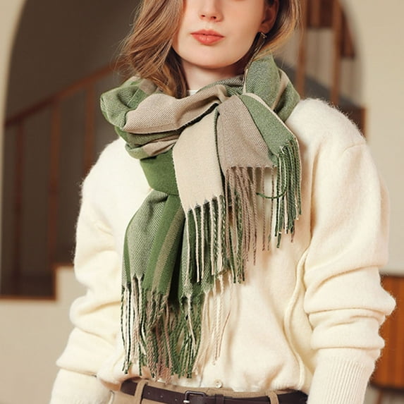 Bxsruta Womens Scarf Striped Color Plaid Shawl Elegant Womens Style Warm Comfortable and Winter Scarves Green