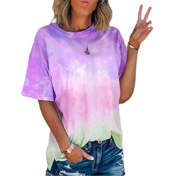 Bxsruta Womens Tops Plus Size Casual Tie-Dye Crew-Neck Short Sleeve Loose Pullover T-Shirt Tunics Tops Blouse for Women Purple XXXL