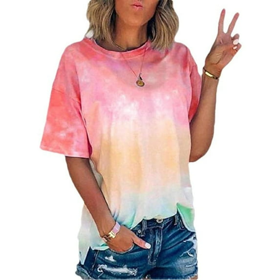 Summer Savings Clearance! Bxsruta Womens Tops Plus Size Casual Tie-Dye Crew-Neck Short Sleeve Loose Pullover T-Shirt Tunics Tops Blouse for Women Watermelon Red XXXL