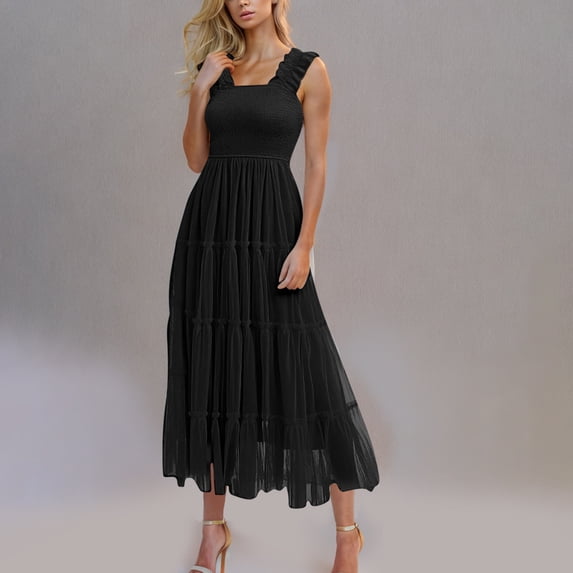 Cagogo Summer Midi Tulle Sundresses for Women Flowy Swing Ruffle Tiered Cocktail Wedding Guest Dresses Square Neck Smocked Sleeveless Trendy Beach Vacation Dress