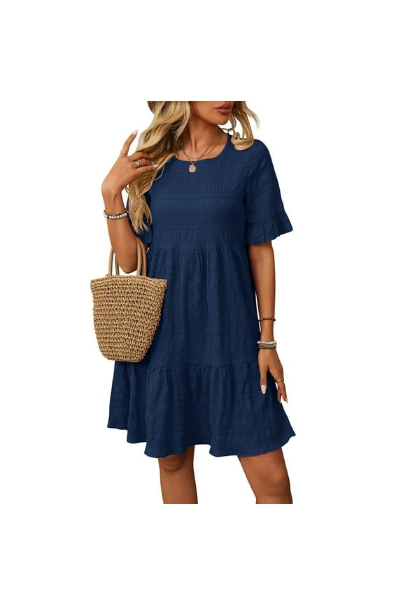 Women's Summer Casual Midi Dress 2025 Short Sleeve A-Line T-Shirt Flowy Beach Sundress Loose Bohemian Tiered Pleated Knee Length Party Vacation Sun Dress