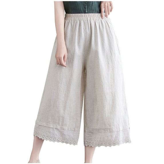 Summer Savings Clearance Capris Pants for Women, Women's New And Linen L Lace Lace Lace Solid Color Wide Leg Pants Cropped Pants(Beige,XL)