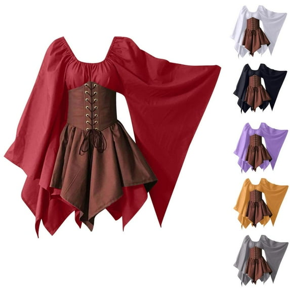 Summer Savings Clearance Deals 2022! Tagold Womens Plus Size Dresses,Womens Halloween Dresses,Women Costumes Gothic Retro Long Sleeve Corset Dresses Long Sleeve Round-Neck Mid-Calf Dress