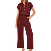 Summer Savings Clearance! Dezsed 2 Piece Sets Women Summer Outfits Casual Loose Clothing Set Lapel Tops And Wide Leg Pants Loungewear Set Red M