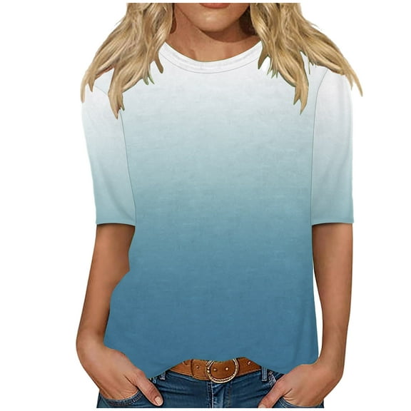 Dezsed 3/4 Length Sleeve Womens Tops Casual Shirts Pullover Loose T Shirts Plus Size Tunic Tops Print Blouse Light Blue XXL