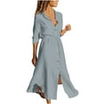 thumbnail image 1 of Dezsed 3/4 Sleeve Cotton Linen Dresses for Women Summer Casual V Neck Single Breasted Lapel Shirt Dress Gray XL, 1 of 8
