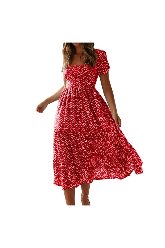Boho Dresses for Women Polka Floral Printed Flowy Long Dress Short Sleeve Cozy Midi Beach Dress for Summer Red S