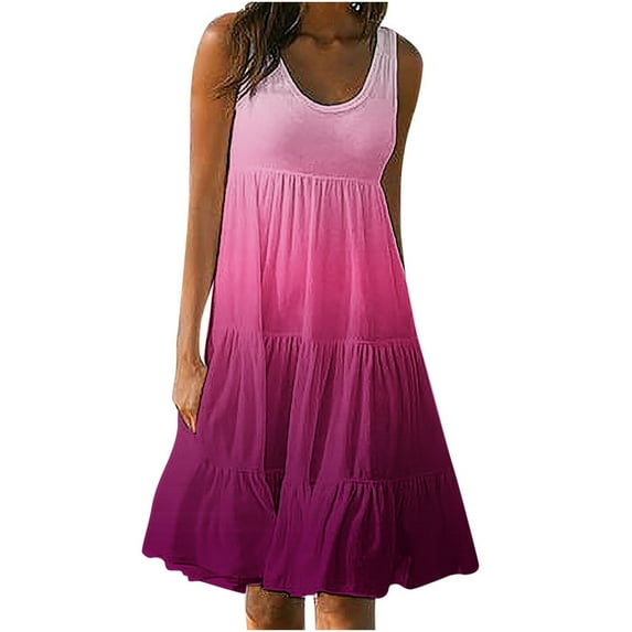 Dezsed Casual Dresses for Women Sleeveless Cotton Summer Beach Dress Round Neck Gradient Printed Loose Dress Hot Pink XXXL