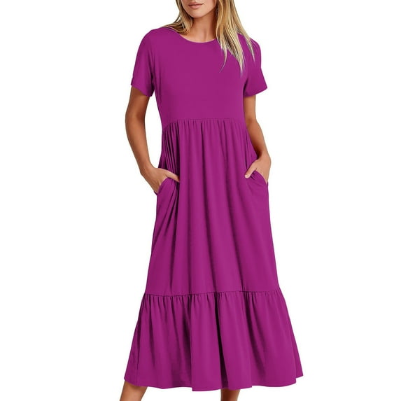 Dezsed Casual Short Sleeve Dress for Women Summer Round Neck Long Dress 2024 Flounces Loose Dress with Pockets Purple C S