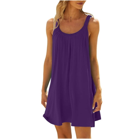 Summer Savings Clearance! Dezsed Casual Tank Dresses for Women 2024 Summer Crewneck Soft Pleated Mini Sundresses Beach Resort Loose Flowy Dress Purple M