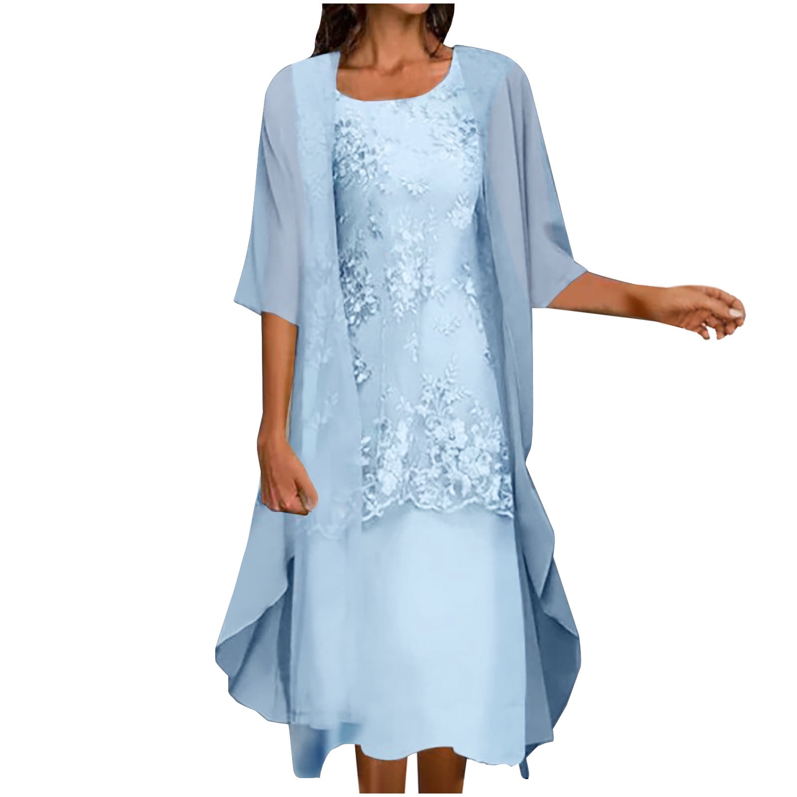 Dezsed Dresses for Women Wedding Guest Elegant Party Dress Floral Print Plus Size Crewneck Flowy Dress 2 Piece Clothing Set X-Blue XXL