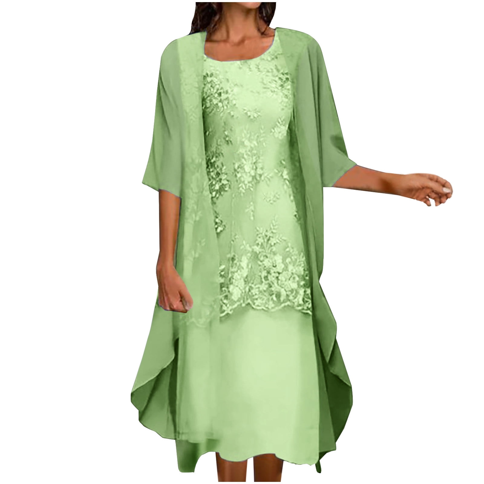 Dezsed Dresses for Women Wedding Guest Elegant Party Dress Floral Print Plus Size Crewneck Flowy Dress 2 Piece Clothing Set X-Green M