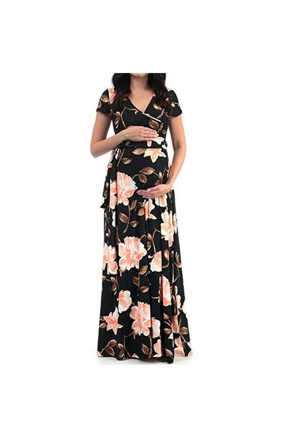 Long Maternity Dresses Women Casual Plus Size Pregnancy Dress V-neck Short-sleeved Belt Printed Maxi Maternity Dress For Women