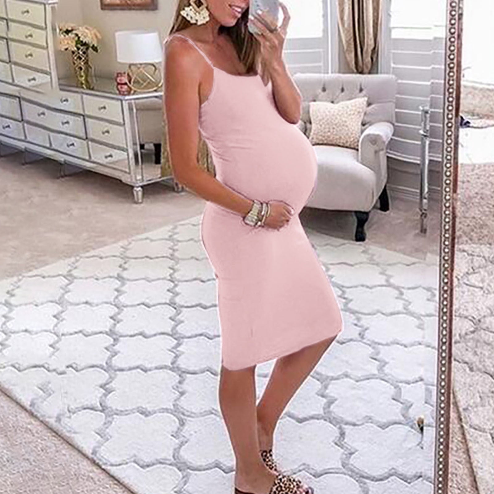 Summer Pregnant Women Casual Solid Color Elastic Slim Round Neck Short Sleeve Nursing Dress main image 0