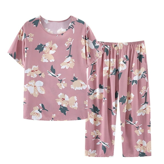 Dezsed Pajama Set for Women 2 Piece Outfits Summer Casual Outfits Short Sleeve Round Neck Pajama Set Printed Tops Pants Set Pink XXXXL