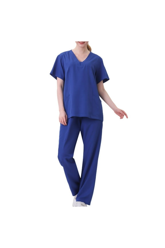 Plus Scrub Set For Women Summer 2 Piece Outfit Set Casual Cotton Design Hand Wash Gowns Short Sleeve Nurse's Workwear Separate Set Blue XL