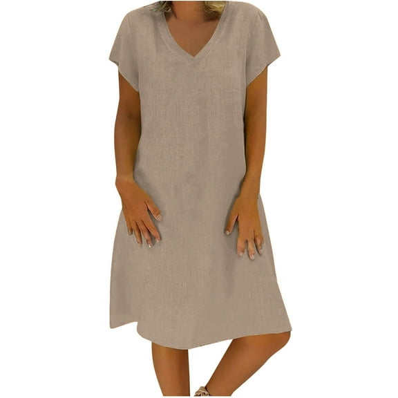 Dezsed Plus Size Summer Dresses Casual Solid Color V Neck Short Sleeve Loose Cotton Linen Beach Dress Khaki B S