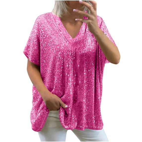 Dezsed Plus Size Tops for Women Sexy Short Sleeve Sequins Loose Polluer Solid V-Neck Blouse Shirt Tops Hot Pink L