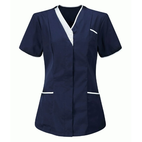 Dezsed Scrub Tops for Women Soft Stretch Easy Care Workwear Nurses Tunic Uniform Clinic Carer V-Neck Protective Clothing Tops Navy XL