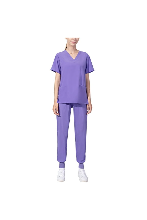 Scrubs for Women Set Casual Nursing Uniform Scrub Set Short-Sleeved V-Neck Solid Color Outfits with Pocket Purple L