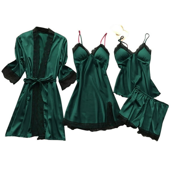 Summer Savings Clearance! Dezsed Sexy Pajama Set for Women 4PC Lingerie Sets Silk Lace Dress Lace Cami Sleepwear with Robe Nightdress Summer Pajamas Set Army Green XL