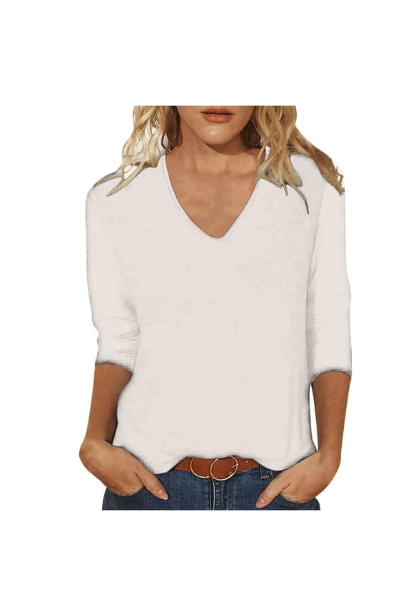 Shirts for Women Fashion Solid Color Loose T-Shirt 3/4 Sleeves Blouse V-Neck Casual T-Shirt Tops Khaki M