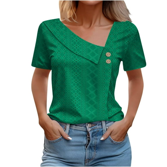 Summer Savings Clearance! Dezsed Short Sleeve Blouses for Women Loose Summer Casual Solid Color V-Neck Short Sleeved T-Shirt Tops Green M