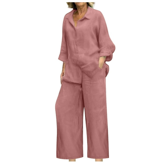 Dezsed Summer 2 Piece Linen Sets Casual V-neck Lapel Long Sleeved Loose Shirt Tops Wide Leg Pants Loungewear Set Pink XXXXXL