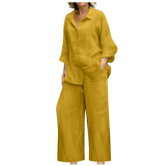 Dezsed Summer 2 Piece Linen Sets Casual V-neck Lapel Long Sleeved Loose Shirt Tops Wide Leg Pants Loungewear Set Yellow XXXL