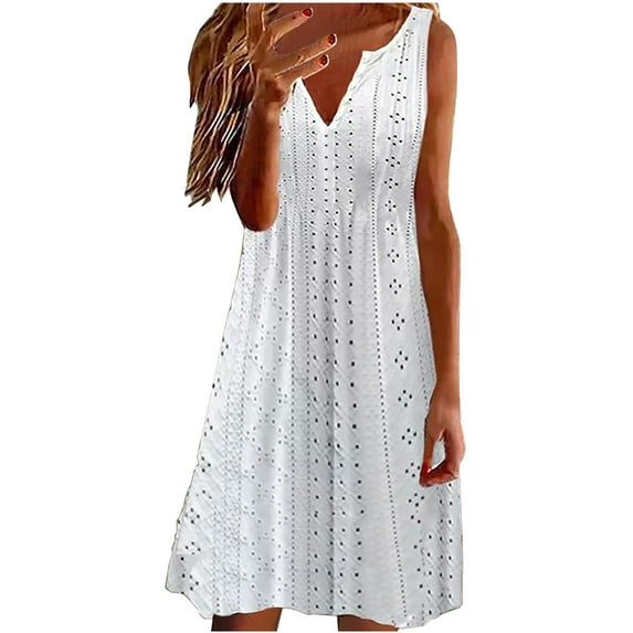 Dezsed Summer Sundresses for Women Casual V-Neck Sleeveless Button Beach Dresses Solid Color Lace Dress White M