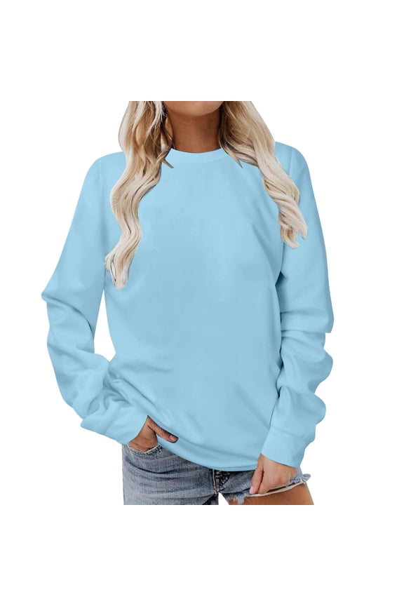 Sweatshirt for Women Long Sleeves Casual Shirts Round Neck Sweatshirt Pullover Soild Color Tunic Tops Sky Blue L