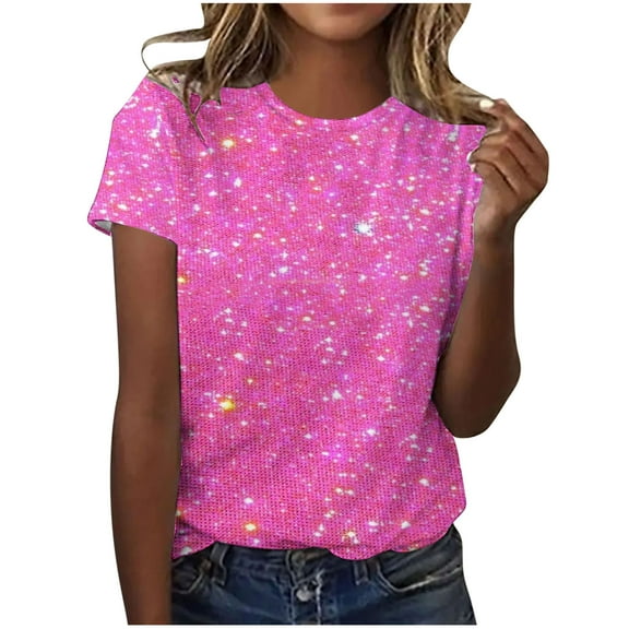 Dezsed Tshirts Shirts for Women Summer Loose Shirts Casual Sparkling Crystal Printed Round Neck Short Sleeved Top Hot Pink M