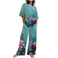 thumbnail image 1 of Summer Savings Clearance! Dezsed Two Piece Sets Women Cotton Linen Set Summer Casual Short Printing Tops Wide-Leg Pants Loose Outfits Blue M, 1 of 6