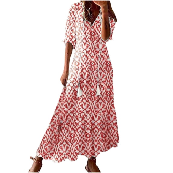 Dezsed Vacation Dresses for Women Boho Tassel Flare Maxi Dress Summer Ruffle V-Neck 3/4 Sleeve Beach Dress Red XXL