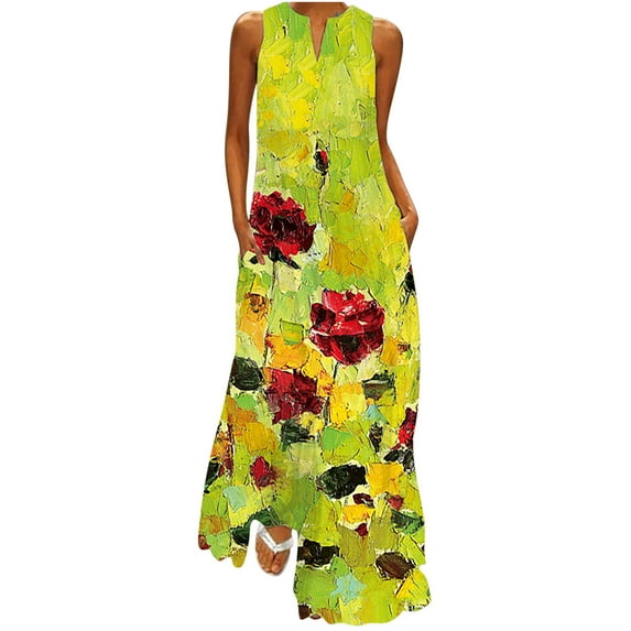 Summer Savings Clearance! Dezsed Vintage Floral Printed Maxi Dress for Women Summer Sleeveless Beach Dresses Casual Sundresses Party Evening Long Dress Gold XXXXL