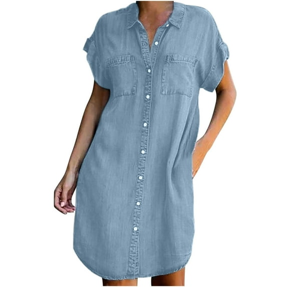 Dezsed Women Denim Shirt Dresses Short Sleeve Distressed Jean Dress Slim Solid Color Loose Thin Denim Dress
