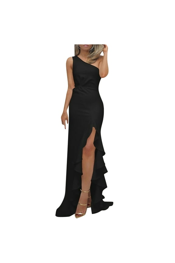 Women Elegant Evening Party Dresses Women Sleeveless Slanted Shoulder Solid Color Sexy Slit Ruffled Evening Gown Dress