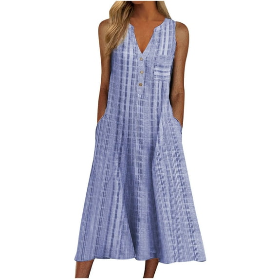 Dezsed Women Summer Dresses Fashion Casual Sleeveless V-Neck Button Striped Print Midi Dress with Pockets