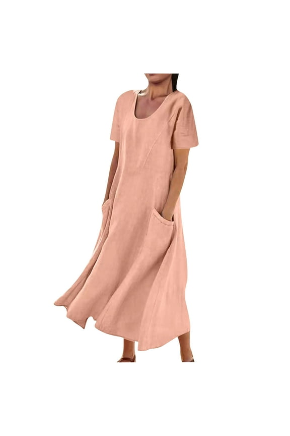 Women's Maxi Dress Solid Plus Size Loose Cotton Linen Long Dresses with Pockets Summer Casual Beach Dress Pink XXXL